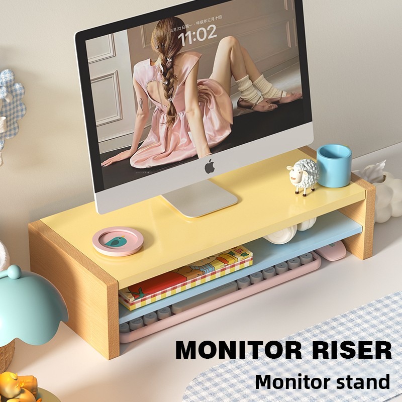 Desk Setup Workspace - Wooden Monitor Riser Stand with Storage