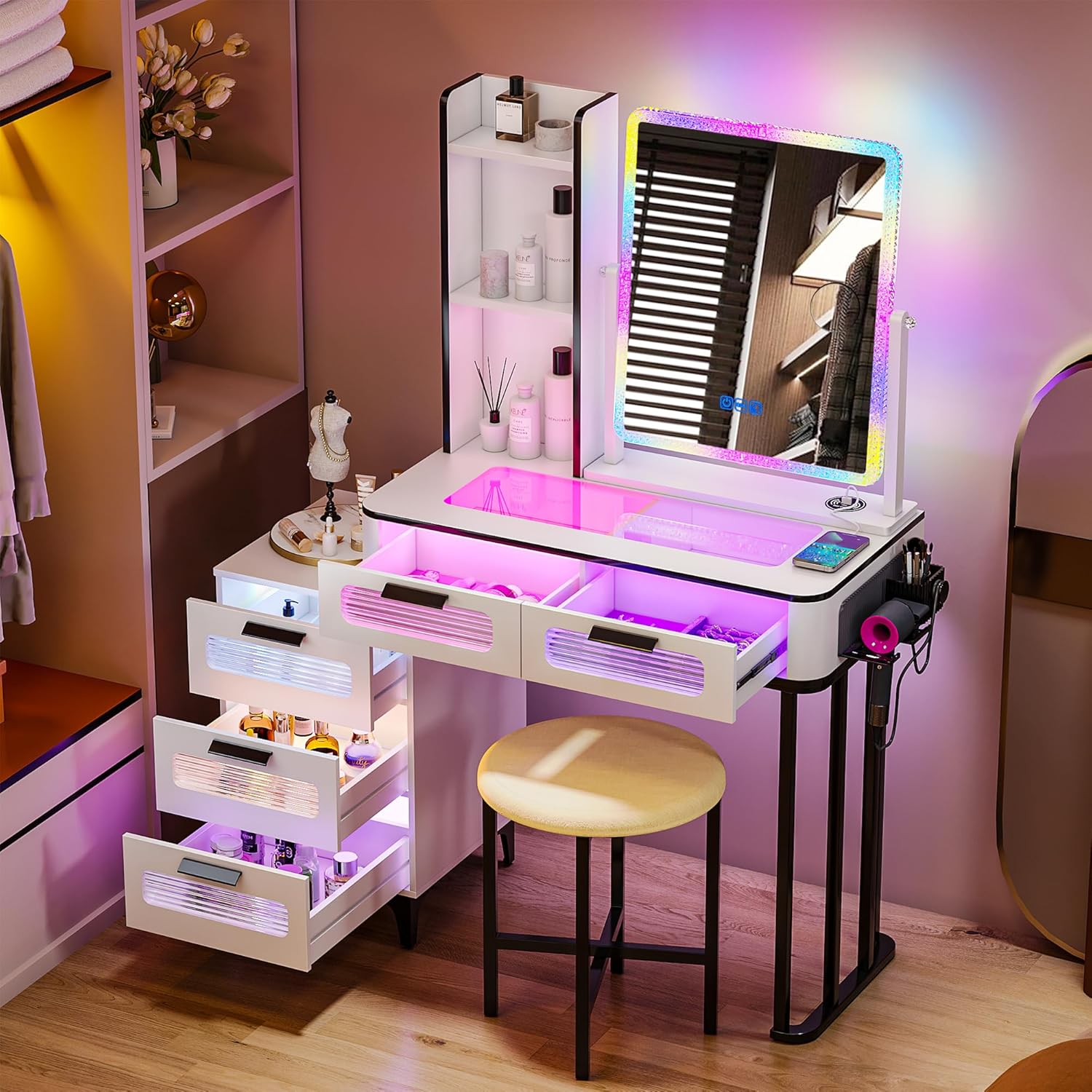 Desk Setup Charging Station - i*-RGB Makeup Vanity Desk with Wireless