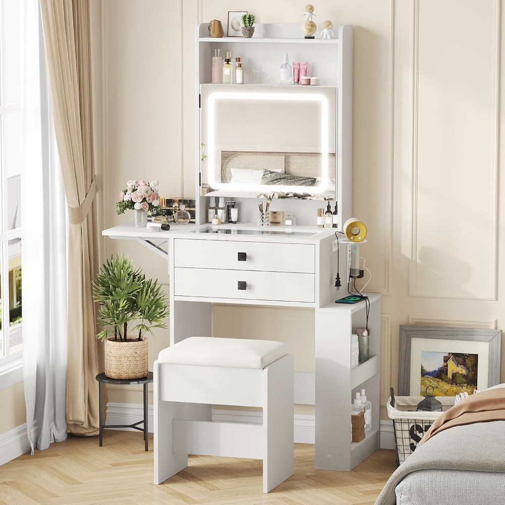 Desk Setup Charging Station - Small Makeup Vanity Desk with 3