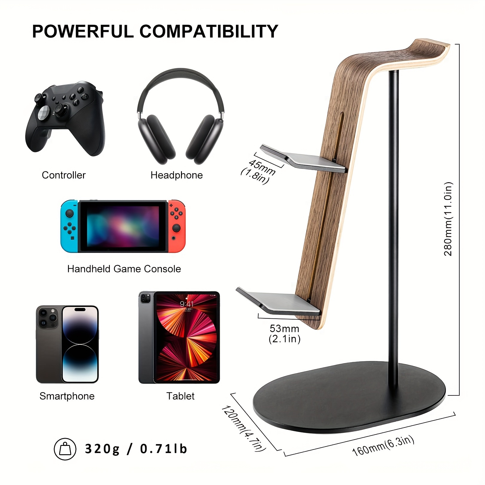 Desk Setup Gaming - Wooden Controller & Headset Holder, Universal