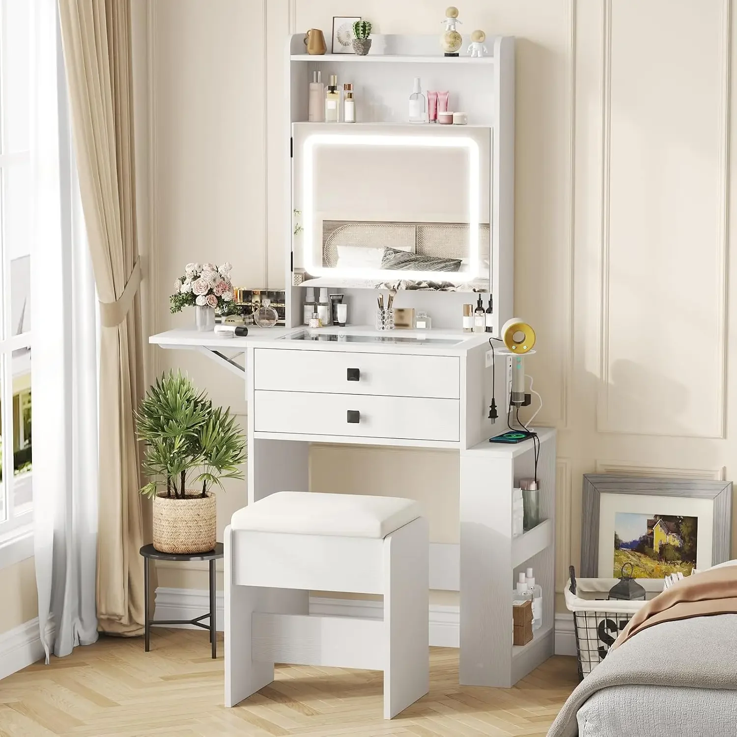 Small Makeup Vanity Desk with  - огляд і ціна Desk Setup Charging Station