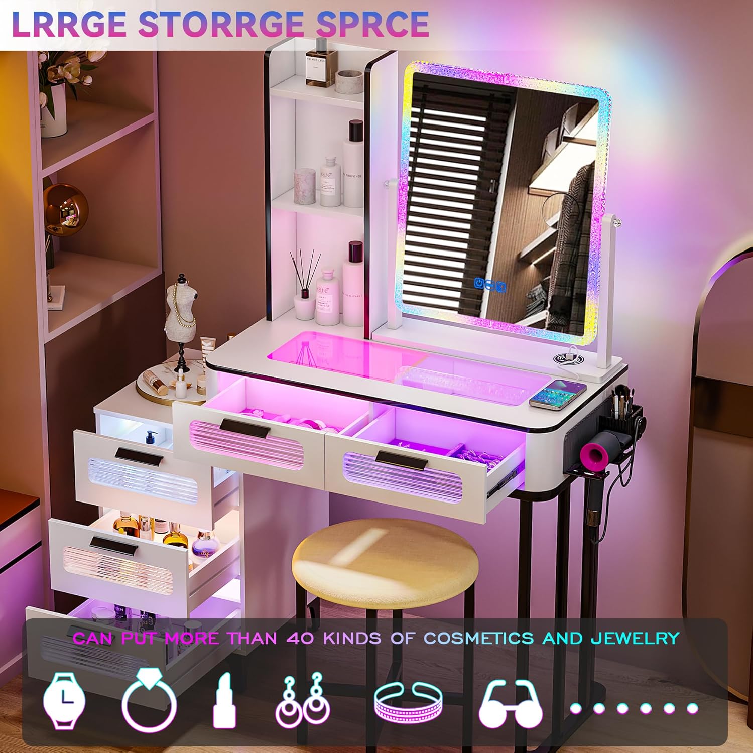 i*-RGB Makeup Vanity Desk with - огляд і ціна Desk Setup Charging Station