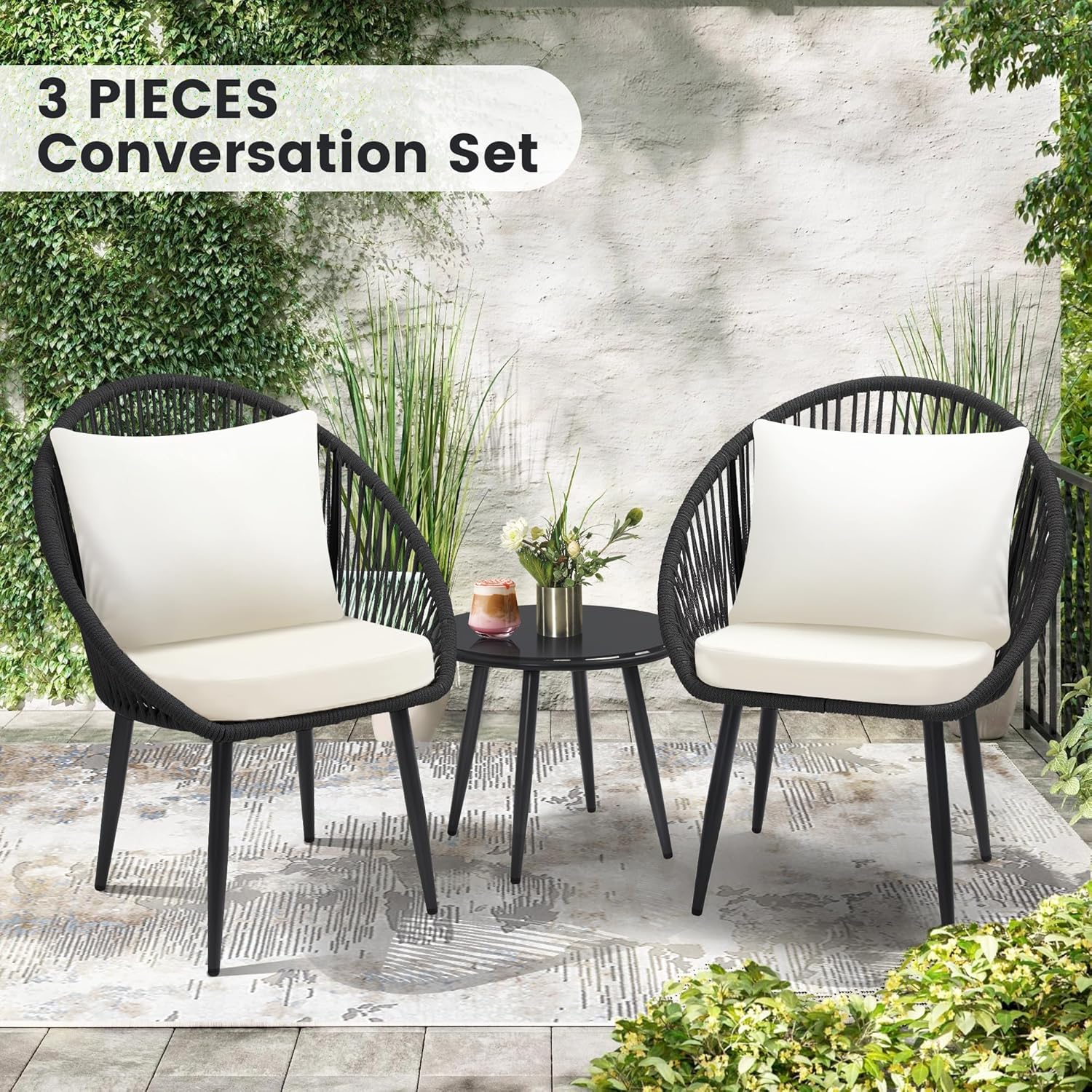 3 Pieces Bistro Set, Woven Rop - огляд і ціна Desk Setup Minimalist