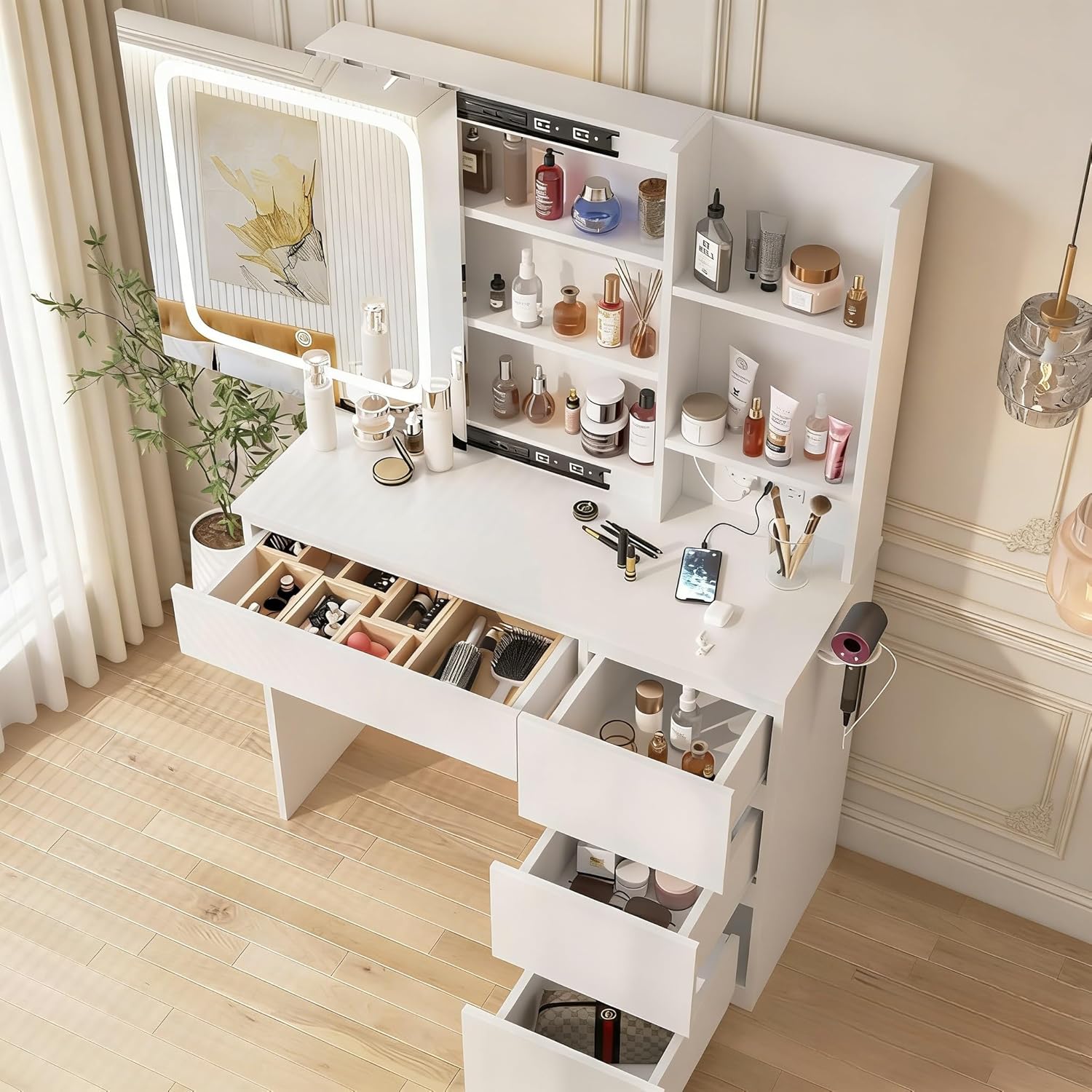 i*-Make Up Vanity Desk with Ch - огляд і ціна Desk Setup Charging Station